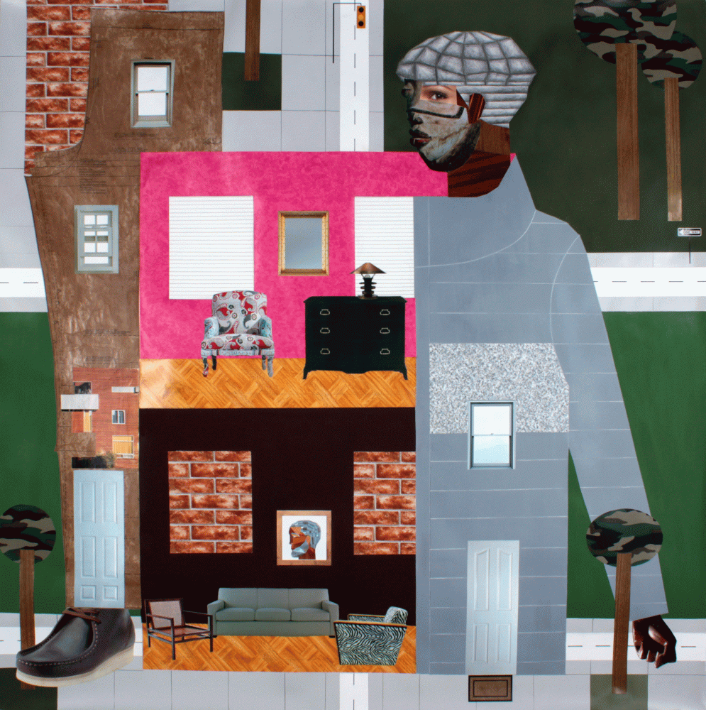 Derrick Adams, Walkthrough, 2014, Mixed media collage on paper, 50 x 50 inches.