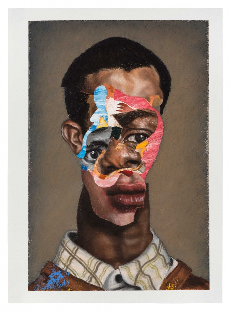 Nathaniel Mary Quinn, Uncle Dope, 2017,&amp;nbsp;Black charcoal, gouache, soft pastel, oil pastel, and paint stick on Coventry Vellum paper, 24 x 17.5 inches.