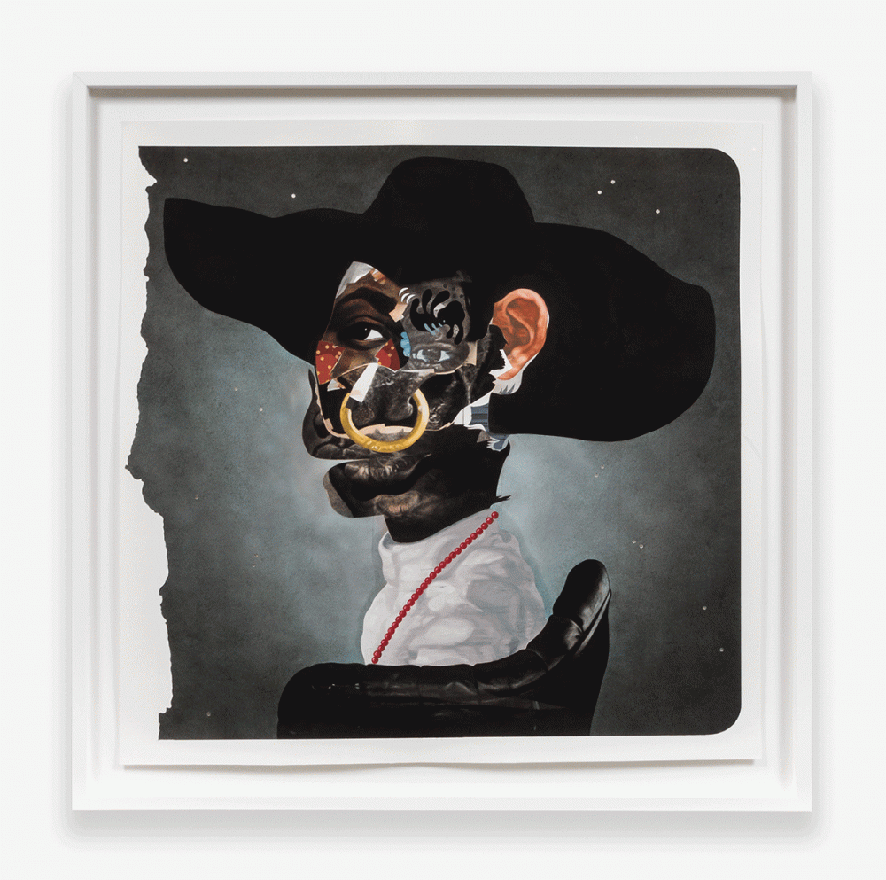 Nathaniel Mary Quinn, Junebug, 2015, Black charcoal, gouache, soft pastel, oil pastel, oil paint, paint stick, acrylic silver leaf on Coventry Vellum Paper, 50 x 50 inches.