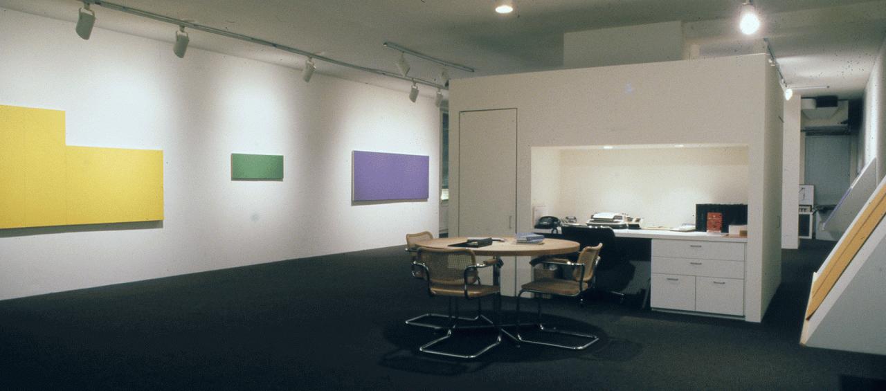 Installation view at Young Hoffman Gallery, Robert Mangold, Paintings on Canvas, Masonite, and Paper, 1977