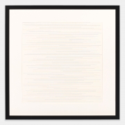 Sol LeWitt, Alternate parallel straight black, yellow, red and blue lines of random length, not touching the sides of the page, 1972. Ink on paper, 14 x 14 inches.