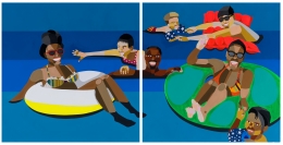 Derrick Adams. Floater 93, 2020.&nbsp;Acrylic paint and fabric on paper,&nbsp;50 x 100 inches diptych (50 x 50 inches each).