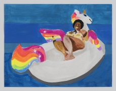 Derrick Adams.&nbsp;Petite Floater 28, 2020. Watercolor, ink, and printed vinyl shelf liner on watercolor paper, 8.5 x 11 inches.&nbsp;