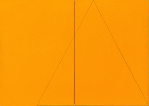 Robert Mangold, A Triangle within Two Rectangles Orange (diptych), 1977, Acrylic on masonite, 20 x 28 inches.